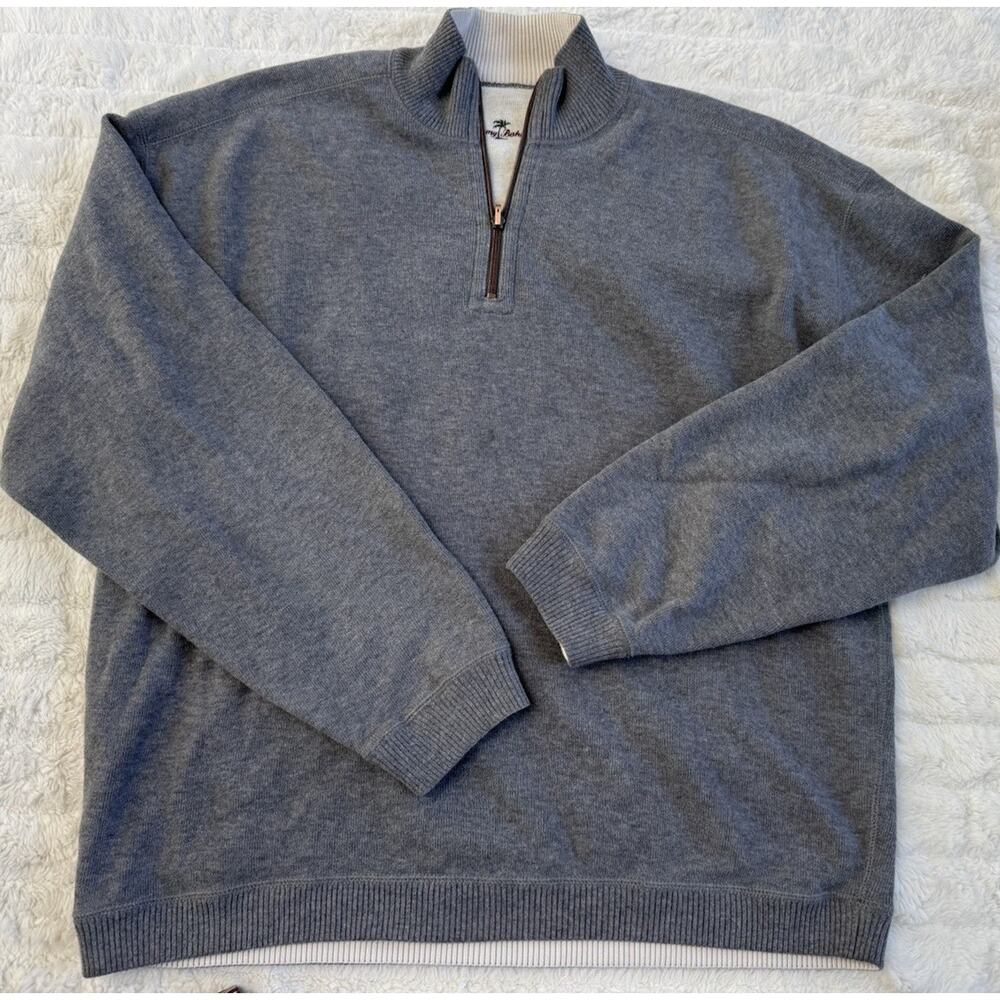 Tommy Bahama Gray Knit 1/4 Zip Mock Neck Pullover Sweater Men Long Sleeve